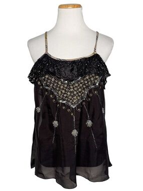 Free People Black Beaded 100% Silk Halter Top Size 6